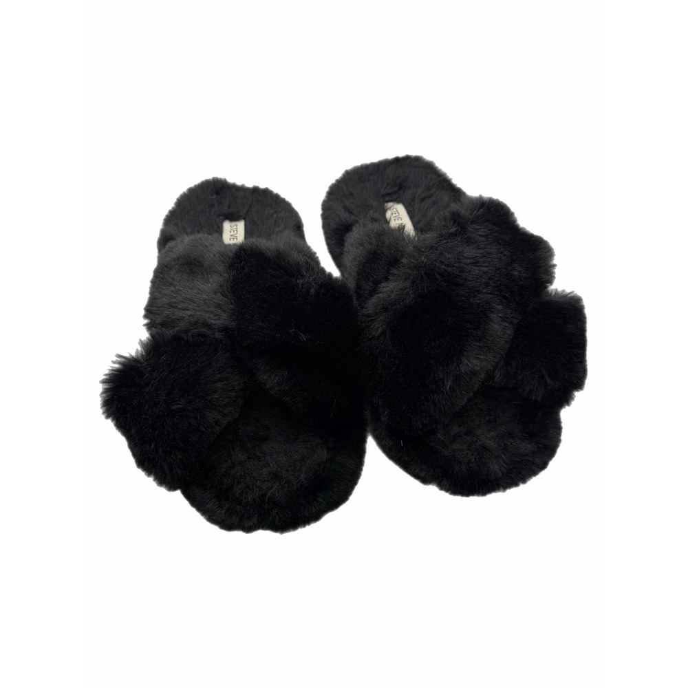 Steve Madden Womens Black Faux Fur Criss Cross Slide Slippers Size L 9-10
